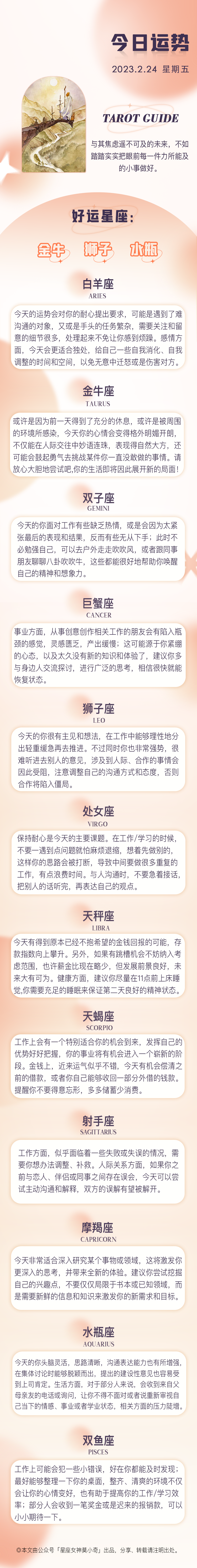 星座女神日運0224｜金牛充滿勇氣，天蠍金錢運佳